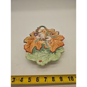 Fitz And Floyd Woodland Spring Bunny Sleeping On Leaf Shaped Candy  Dish